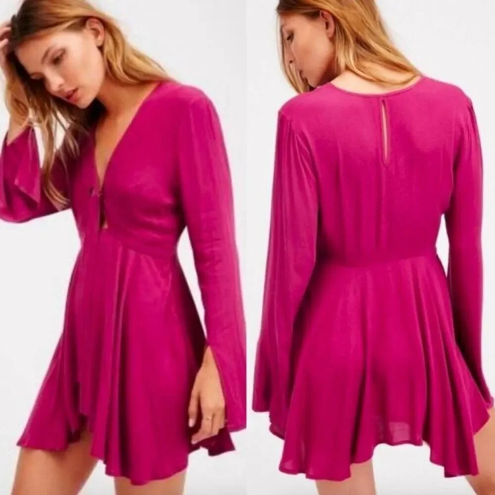 Free People Tunic Mini Dress Sz 12 Front Tie Bell Sleeve Peasant Hippie Boho